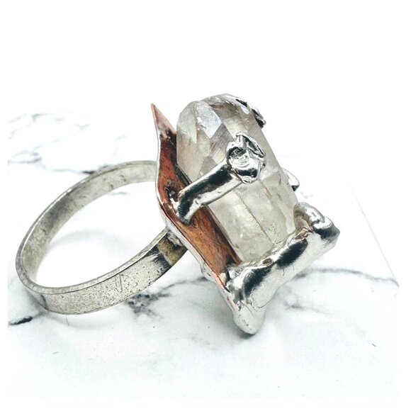 Raw Crystal Statement Ring Upcycled From Copper Baking Dish & Silver Spoon 7.75 - Picture 6 of 14